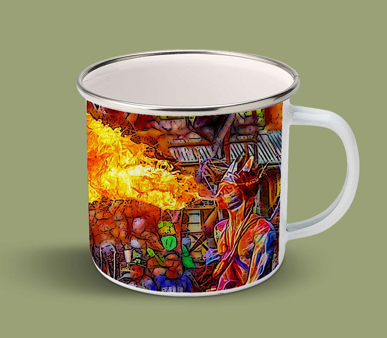 Enamel Mugs 17oz ( Digital Art ) Blue Devil Spitting Fire